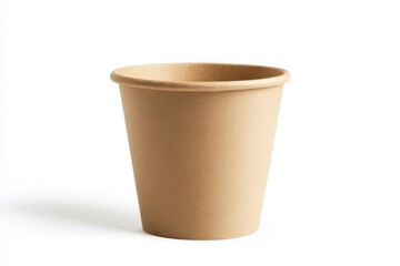 Empty light brown paper cup on white background.