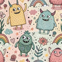 Adorable Cartoon Monsters Seamless Pattern Cute Fluffy Creatures Rainbow Flowers Stars Background