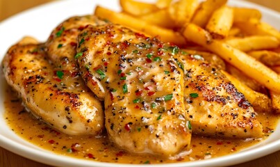  golden-brown seared chicken fillets smothered in a rich, creamy garlic Parmesan sauce, Generative AI