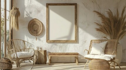 Mockup frame in nomadic boho interior background with rustic decor