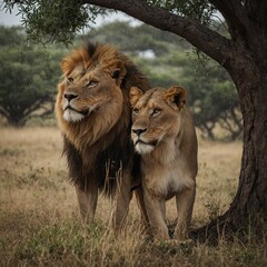 Obraz premium A lion and a lioness nuzzling under a tree during a gentle rainfall.