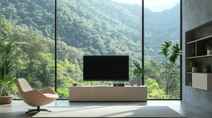 Fototapeta premium Modern home living room interior with armchair and tv screen, panoramic window