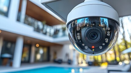 Close-up of a modern security camera monitoring a luxurious residential area.