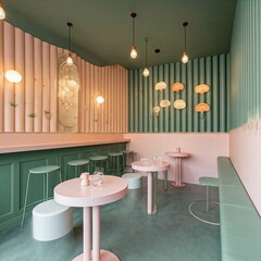 Modern chic coffee shop with pastel hues and playful decorative accents.