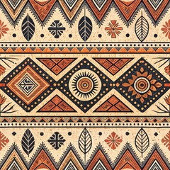 Seamless Tribal African Pattern Textile Design with Geometric Shapes Leaves and Ethnic Motifs