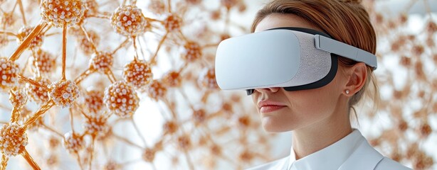 International Day of Women and Girls in Science. A woman experiences virtual reality in a futuristic setting with abstract nodes.