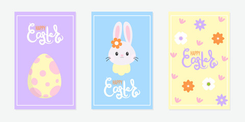 Happy Easter greeting card with cute colorful eggs, flowers and bunny. Set of vector designs with hand lettering and Easter elements in minimalist style.