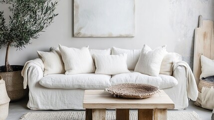 Naklejka premium Modern living room interior with a cozy white sofa, textured pillows, and a wooden coffee table. Decor includes potted plants, abstract artwork, and natural elements. Stylish home decor. Template.