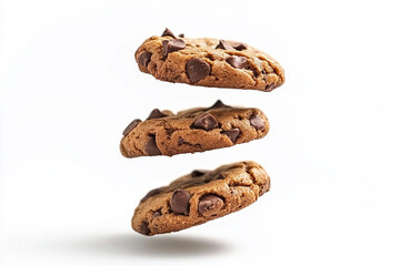 Obraz premium Falling chocolate chip cookies isolated on white background 