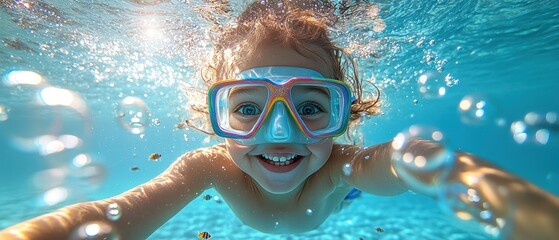 Fototapeta premium Child swimming underwater with colorful goggles in pool