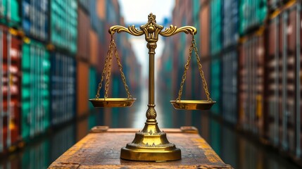 Golden scales of justice symbolizing fairness in a shipping container backdrop.