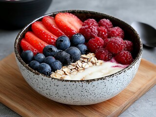 A bowl of yogurt with berries and granola on a wooden board