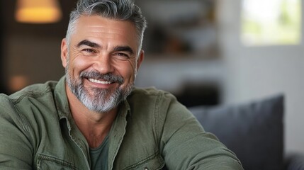 Obraz premium Portrait of happy smiling middle aged mature senior 50 years old bearded man wearing green shirt sitting on couch at home interior looking at camera relaxing on sofa in modern house.
