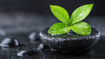 Tranquil spa scene dewy leaves on smooth stones.  Perfect for relaxation and wellness