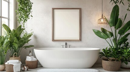 Fototapeta premium Poster frame mockup in white cozy bathroom interior background