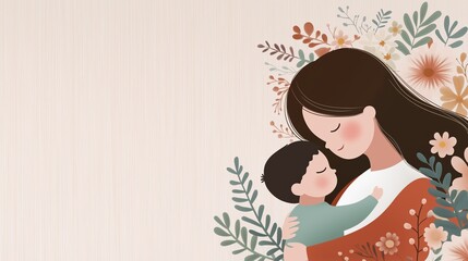 An elegant flat illustration of a mother embracing her child, surrounded by delicate floral elements, exuding warmth, love, and simplicity