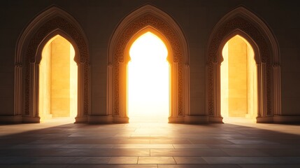 Three ornate arched doorways illuminated by sunlight