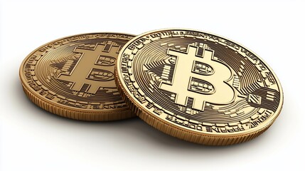 Two golden Bitcoin cryptocurrencies isolated on white.
