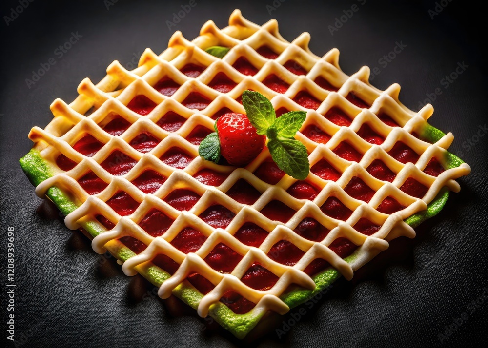Poster abstract food photography: warped grid texture, black background, distorted checkered pattern, mesh 