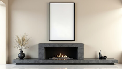 "Floating Frame Mockup Above a Fireplace" – A mockup featuring a sleek frame floating above a modern fireplace, with minimal decor and neutral tones, perfect for sophisticated artwork.
