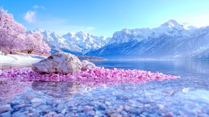 Pink blossoms by snowy mountains, tranquil lake; serene winter landscape, perfect for calendar or travel brochure