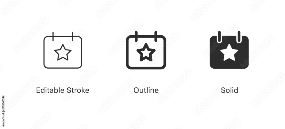Poster event calendar icon with star symbol in editable stroke, outline, and solid styles. appointments, sc