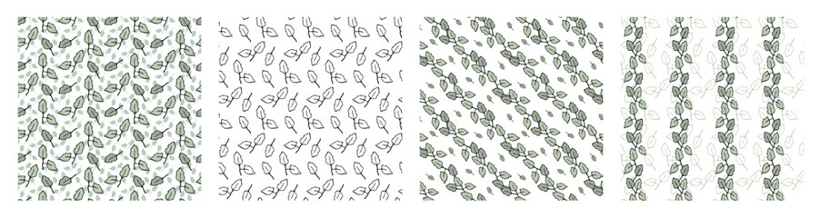 Seamless pattern set with small green leaves. Perfect for background, textile, or wrapping paper A delicate, repeating pattern featuring tiny green leaves. Ideal for creating a fresh aesthetic