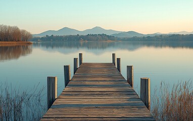 Fototapeta premium Serene lake view with wooden dock at sunrise.
