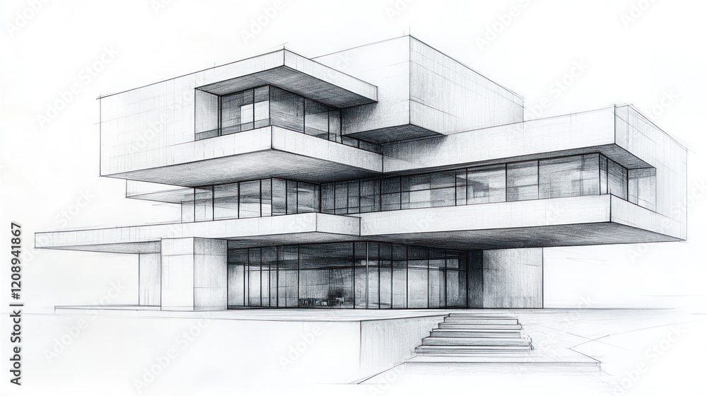 Poster architectural sketch of modern multi-level building design
