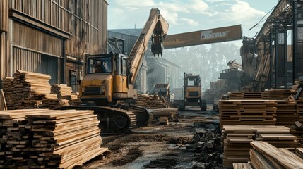 Fototapeta premium Timber Yard with Heavy Machinery and Stacks of Wooden Planks