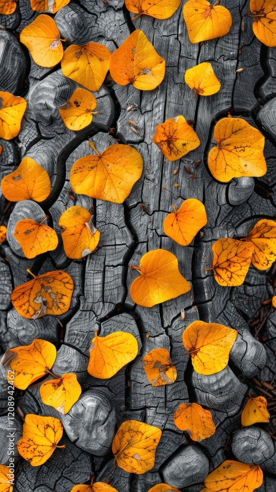 Poster a close-up view of textured tree bark adorned with vibrant orange leaves, creating a striking contra