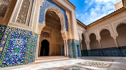 Obraz premium moroccan palace courtyard, blue tiles, architecture - islamic archi.