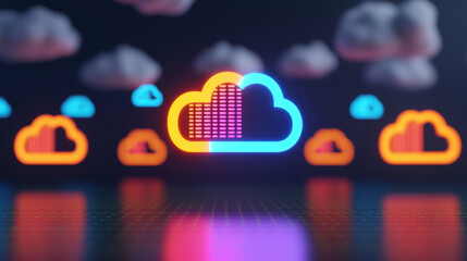 Futuristic digital cloud with glowing elements and colorful data patterns, surrounded by abstract clouds, representing technology and innovation in data storage
