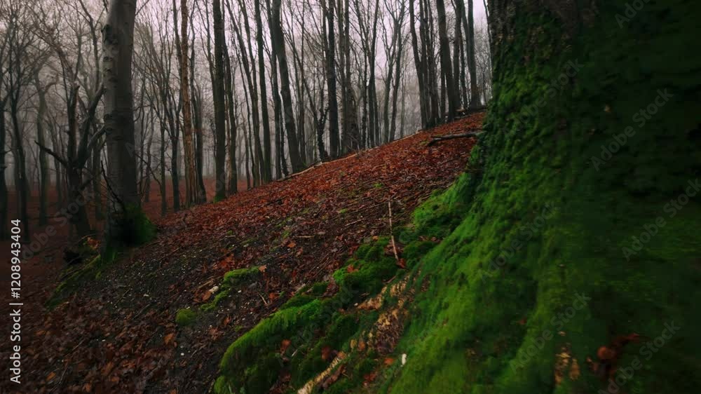 Poster close-up of a moss-covered tree trunk set against a foggy forest backdrop with scattered autumn leav