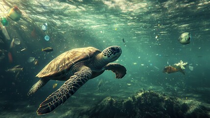 Obraz premium Sea Turtle Swimming Amid Polluted Ocean Waters