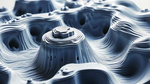 Intricate topographical model showcasing layered elevations and valleys in a monochromatic design