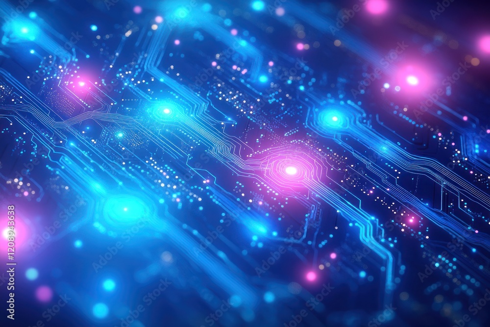 Poster Digital circuit board with glowing lights and intricate patterns