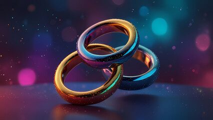 An abstract holographic design with intertwined rings symbolizing eternal love, rendered in vibrant and reflective shades of blue, magenta, and gold