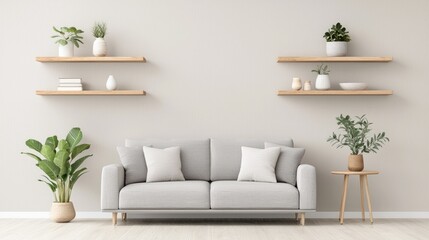 Modern living room interior design; gray sofa, wooden shelves, plants