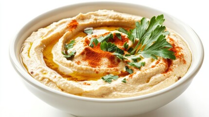 A bowl of creamy hummus garnished with olive oil, paprika, and fresh parsley
