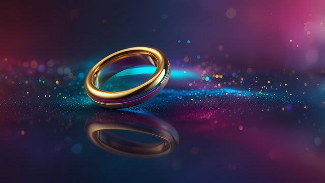 An abstract holographic design with intertwined rings symbolizing eternal love, rendered in vibrant and reflective shades of blue, magenta, and gold