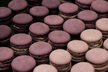 Purple and pink macaron assortment on display.