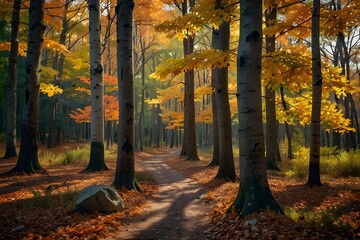 Fototapeta premium Presquile Provincial Park - Autumn and fall colours in Jobes Woods. Generative AI