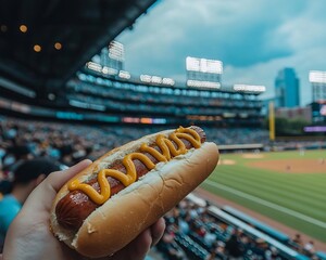 Hot dog with mustard at baseball game. (1)