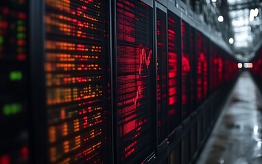 Red illuminated server room.