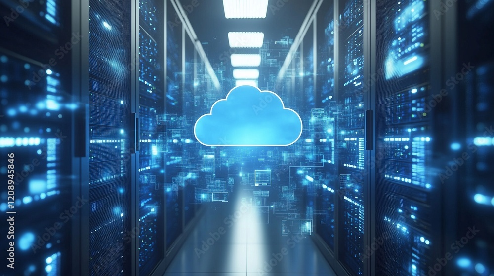 Poster digital network hub: iot and cloud computing linking laptops, phones, and smart devices
