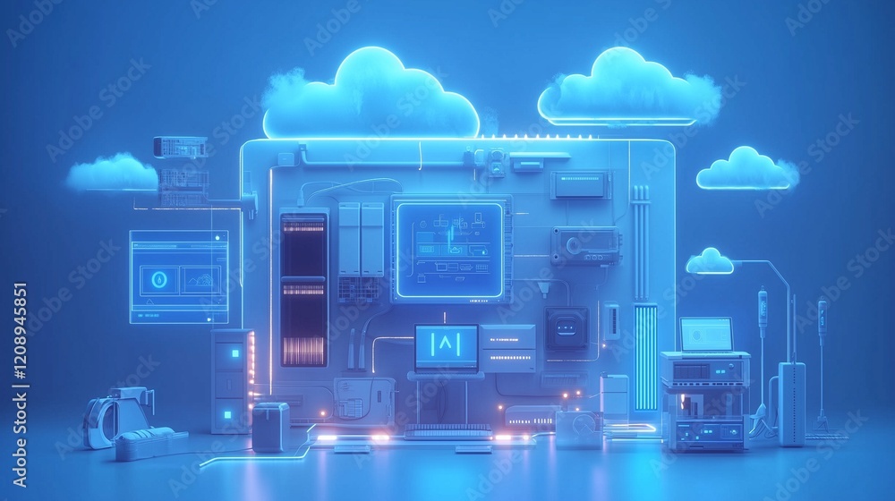 Poster digital network hub: iot and cloud computing linking laptops, phones, and smart devices