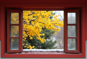 Chinese Window View: Yellow Wintersweet, Red Wall, Simple Composition, Traditional Style, High Detail, Elegant, Cultural, Floral Scene.

