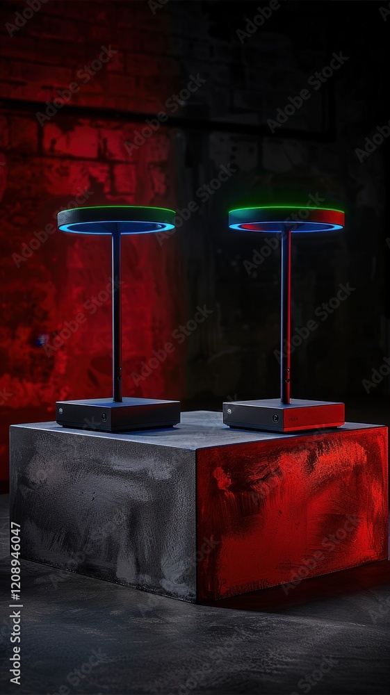 Poster two illuminated circular platforms on a textured base, set against a dark, moody background with red