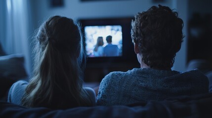 Couple cuddling on sofa watching TV at night.